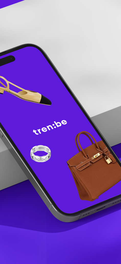 Trenbe mobile app screen showing the logo with luxury goods including a designer handbag shoe and ring
