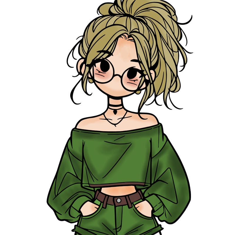 girl with a messy ponytail glasses a baggy crop top and jean shorts