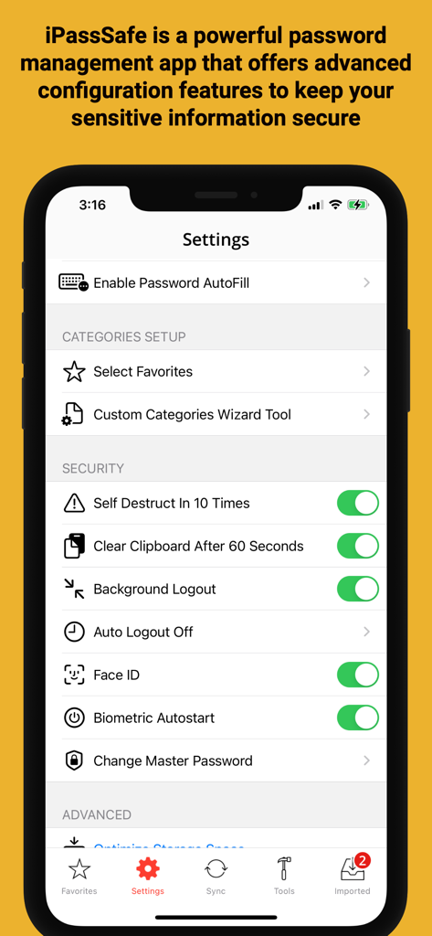 Password Manager iPassSafe . - IPassSafe security settings menu showing Face ID and privacy options