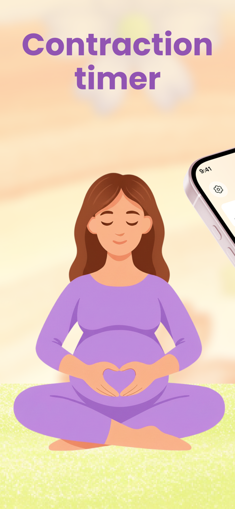 Contraction timer app featuring an illustration of a pregnant woman in a calm pose.