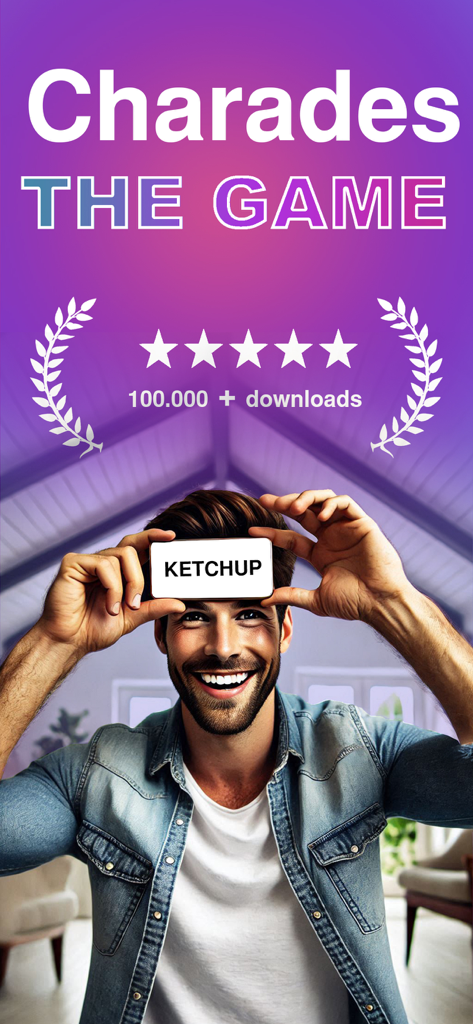 A man playing Charades The Game by holding a smartphone to his forehead with the word Ketchup on the screen