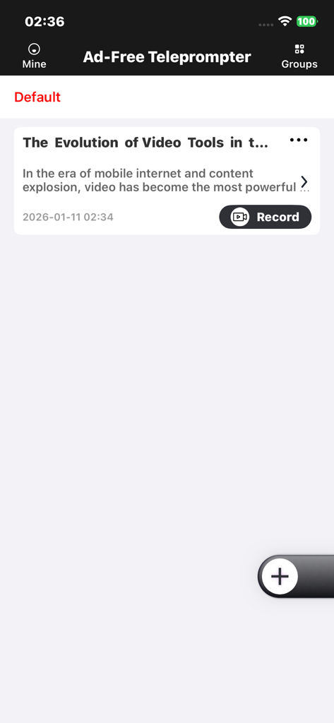 Die Startseite der PromptCam-Teleprompter-App mit einer Liste von Videoskripten und einer Aufnahmetaste.