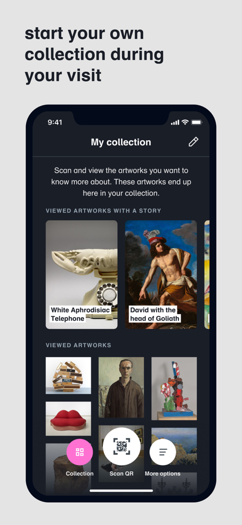 Depot Boijmans - スキャンされたアートワークを表示するパーソナルアートコレクション機能を備えたデボット・ボイマンスアプリのスクリーンショット。