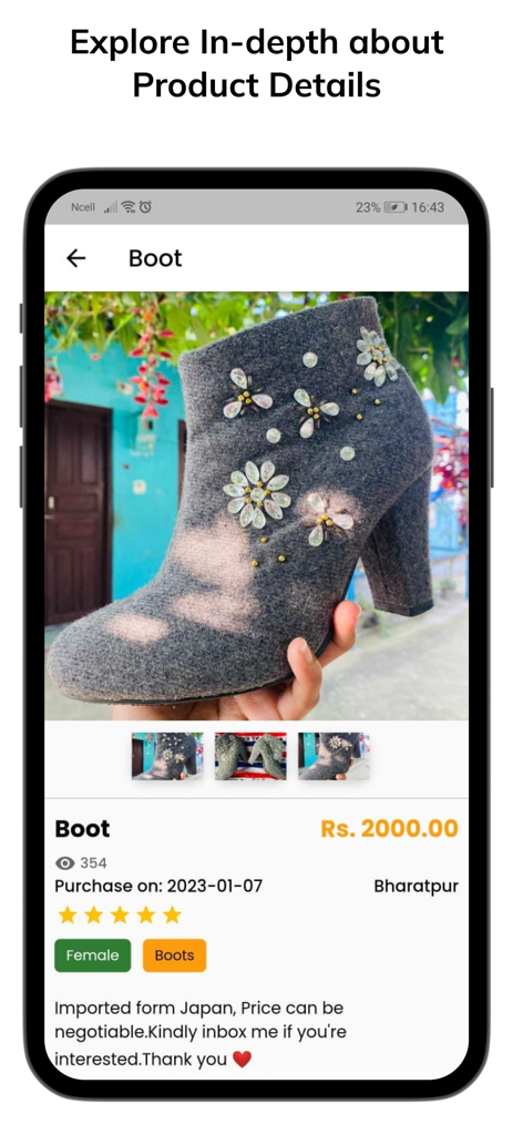 Thrift Store Nepal - A detailed product view of a secondhand boot in the Thrift Store Nepal mobile marketplace