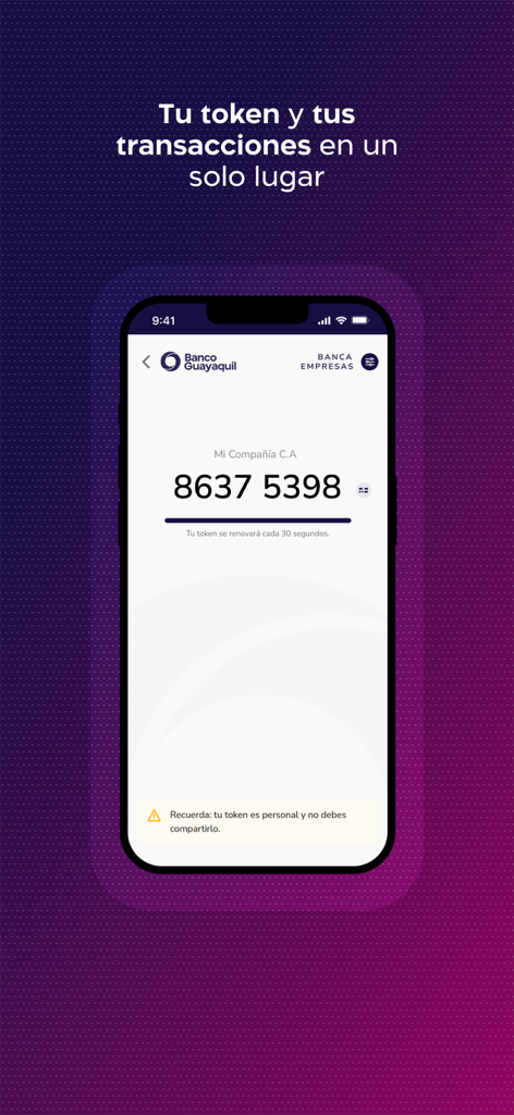 Empresas Banco Guayaquil - Security token screen in the Empresas Banco Guayaquil app for secure business transactions