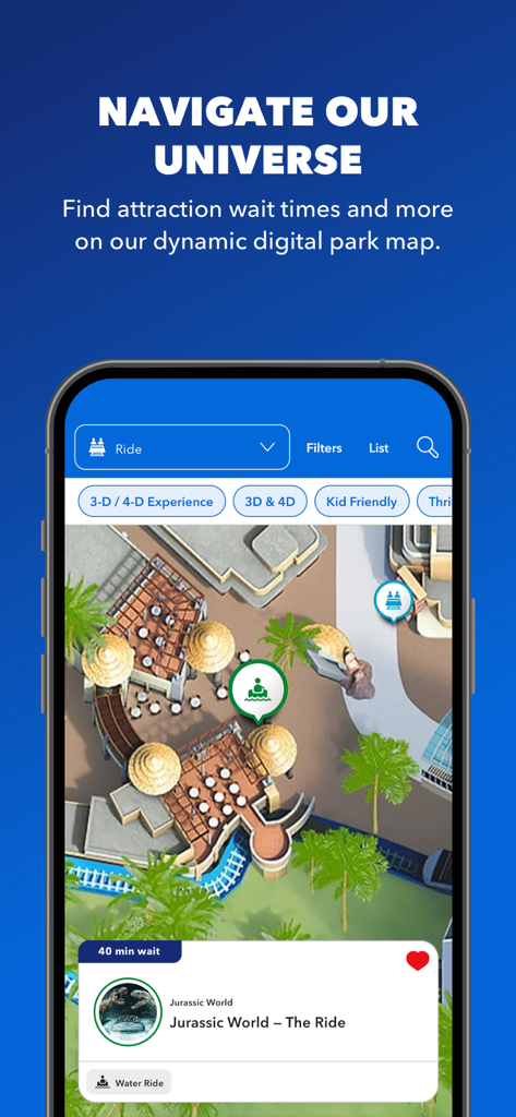 Universal Studios Hollywood™ - アトラクションの待ち時間を表示する、ユニバーサル・スタジオ・ハリウッド・アプリのデジタル・パーク・マップ。