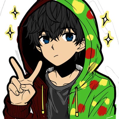 teenage manga boy in a hoodie, doing ✌