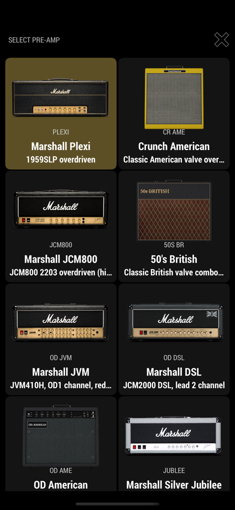 Marshall Gateway - Marshall Gateway app screen displaying a variety of iconic guitar amplifier preamps for selection