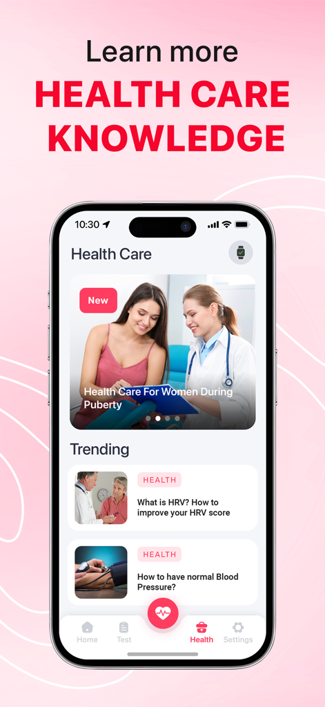 iCardiac app screenshot showing a library of healthcare articles including heart rate variability and blood pressure tracking guides