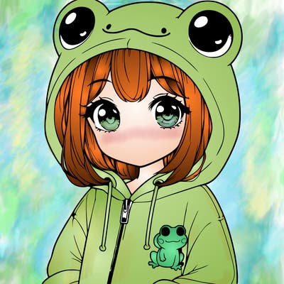 cute realistic girl in a froggy hoodie