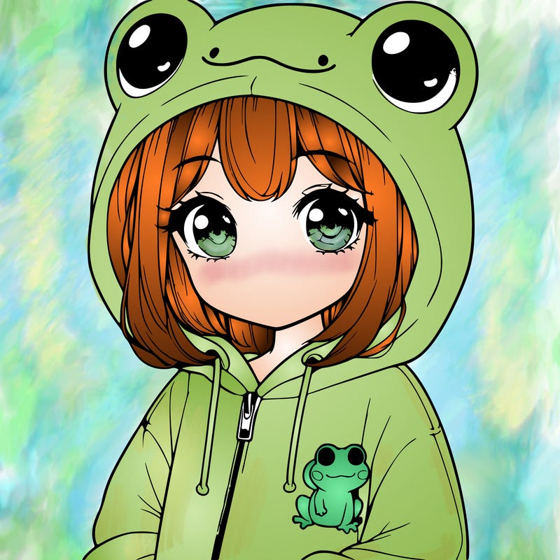 cute realistic girl in a froggy hoodie