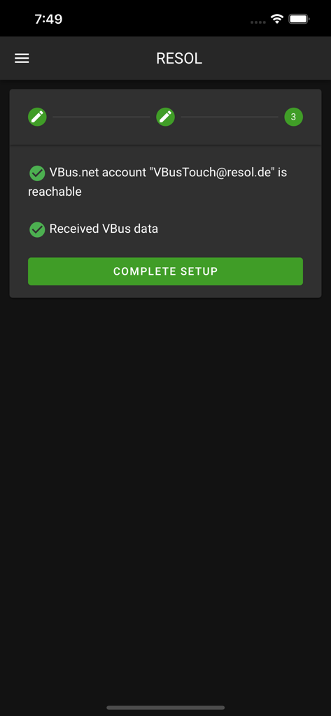 VBus®Touch FK - VBus Touch FK app setup screen showing successful VBus net account connection