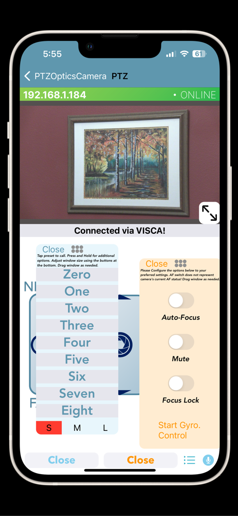 PTZControl Pro 2 by PTZOptics™ - PTZControl Pro 2 app interface showing a live camera feed with floating menus for camera presets and focus settings