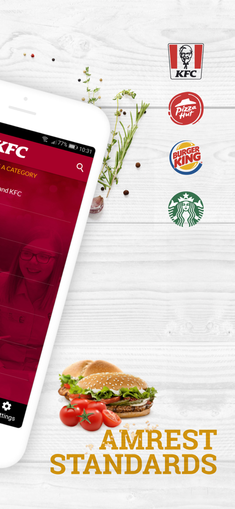 Smartphone showing the myStandards app interface with logos for KFC Pizza Hut Burger King and Starbucks.