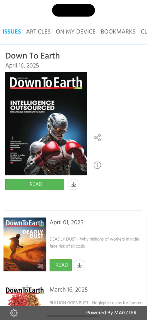 Una vista della libreria digitale dell'app Down To Earth Magazine che mostra numeri recenti con copertine su ambiente e scienza.