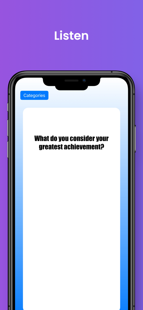 Couple Cards Deep Questions - Un smartphone mostrando la aplicación Couple Cards con la pregunta '¿Qué consideras tu mayor logro?' en una tarjeta blanca