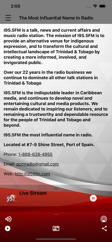 I95.5FM app interface showing the station mission statement and contact information