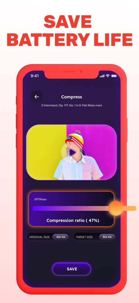 An iPhone screen displaying the TubeMate app video compression feature with a slider to reduce file size and save battery life
