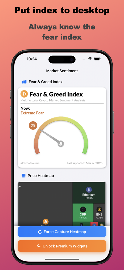 Medidor do Índice de Medo e Ganância do Bitcoin e gráfico de calor de preços de criptomoedas em uma tela de iPhone