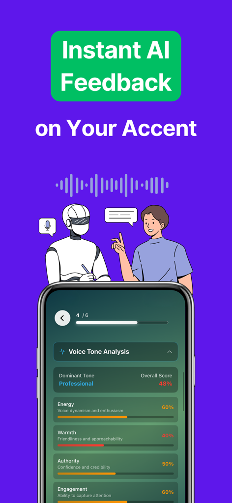 Ein Smartphone-Bildschirm zeigt eine Sprachanalysedarstellung mit Metriken für Energie, Wärme und Autorität von Accent AI.