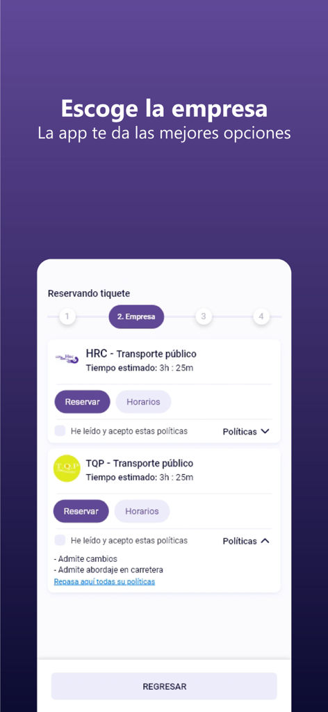Passer Technologies - Interfaz de la aplicación Passer para elegir un proveedor de transporte de autobuses durante el proceso de reserva