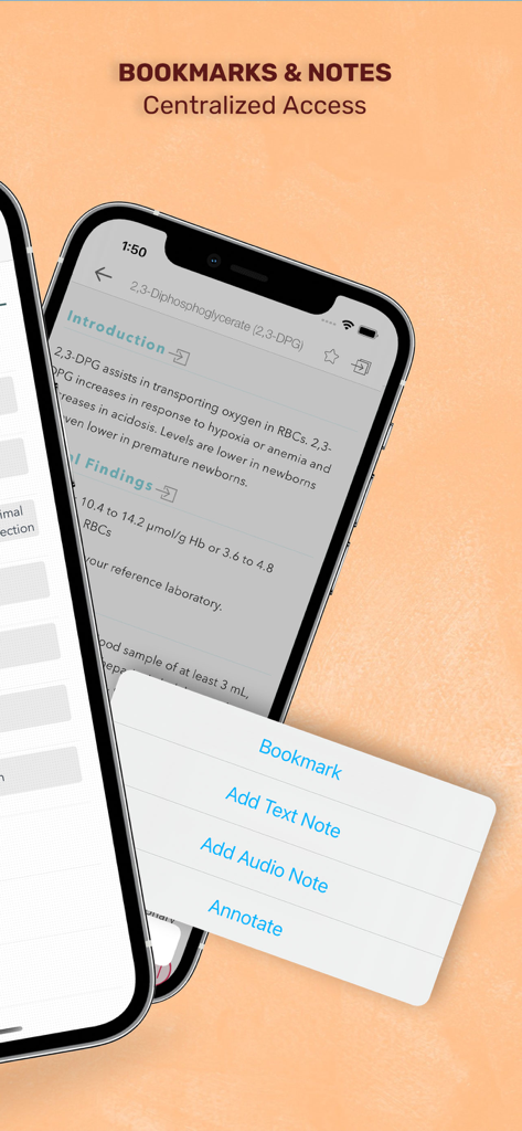 Aplicación Guía de Laboratorio y Pruebas Diagnósticas que muestra la función de marcadores y notas.