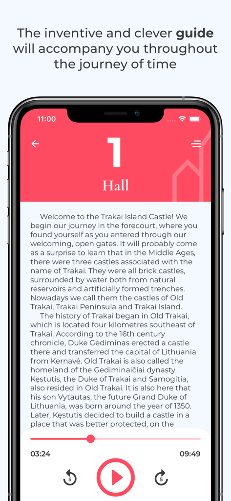 Trakų istorijos muziejus - Schermata della guida audio dell'app del Museo di Storia di Trakai che mostra informazioni storiche sul castello