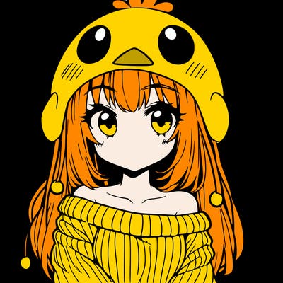 anime girl with chick shaped hat with sweater with bare shoulders with bangs covering them one eye with low tail