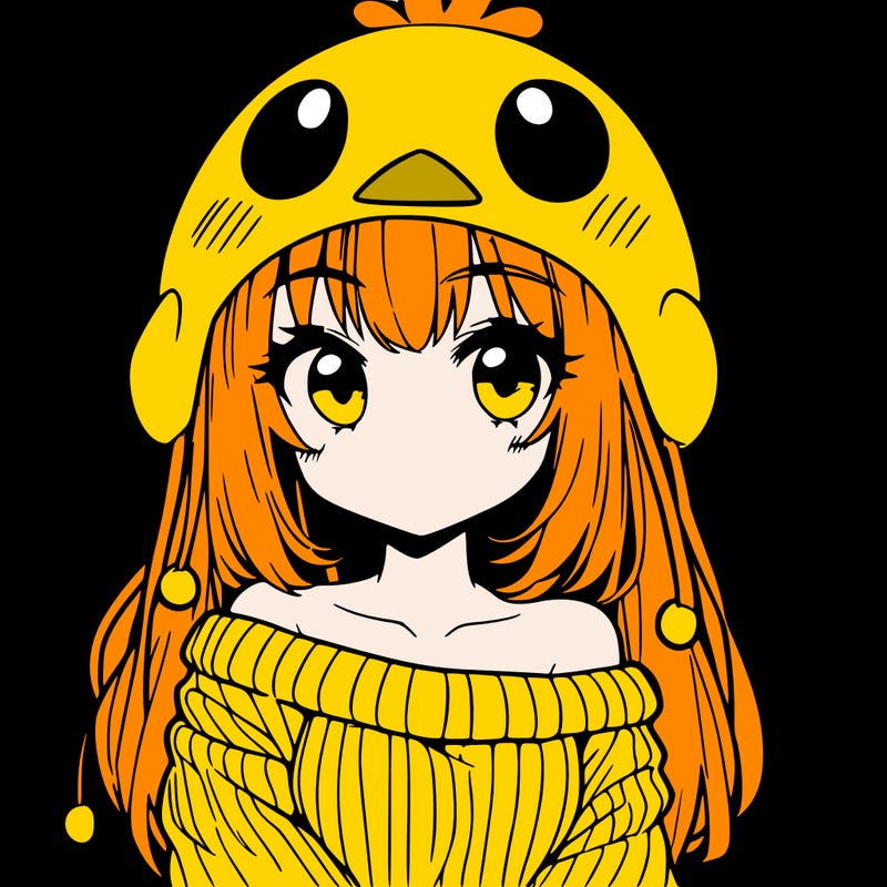 anime girl with chick shaped hat with sweater with bare shoulders with bangs covering them one eye with low tail