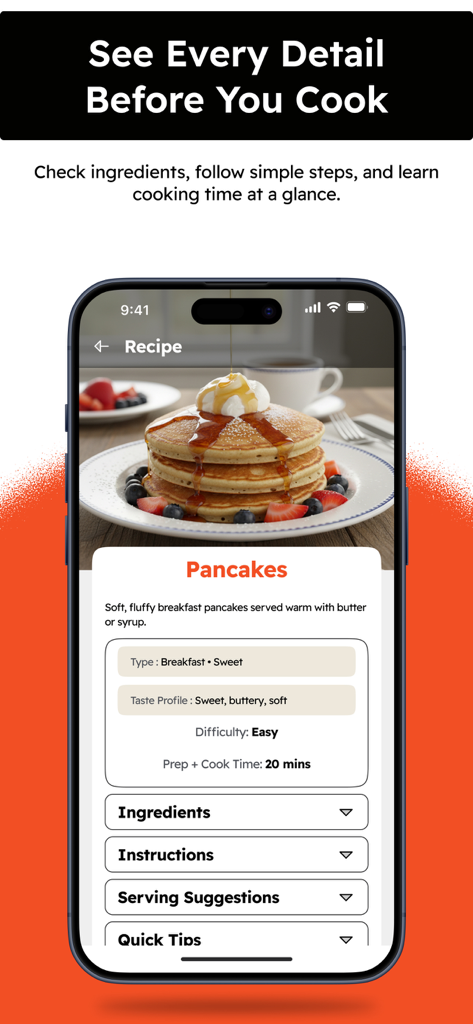 調理時間と材料の詳細が表示されているパンケーキのレシピを示すモバイルアプリインターフェース