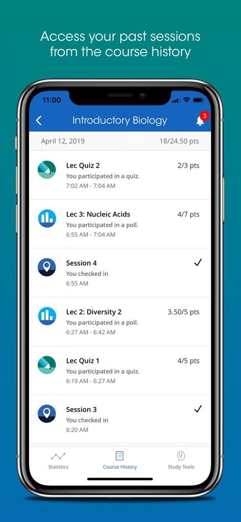 Pantalla de historial de cursos de la aplicación iClicker Student que muestra puntuaciones de sesión y resultados de cuestionarios para una clase de biología