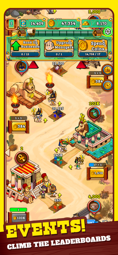 Idle Frontier Western Tapper Egyptian themed event and leaderboard screen