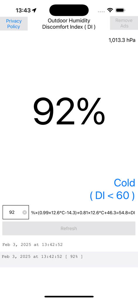 Hygrometer Barometer - Interface of the Hygrometer Barometer app showing 92 percent outdoor humidity and a cold discomfort index