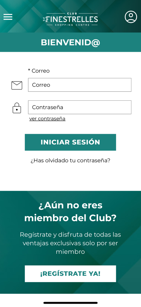 Finestrelles - Login and registration interface for the Finestrelles Shopping Centre mobile app