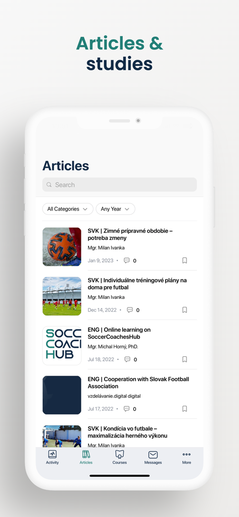 Soccer Coaches Hub - The articles and studies section of the Soccer Coaches Hub app featuring tactical and training content for coaches
