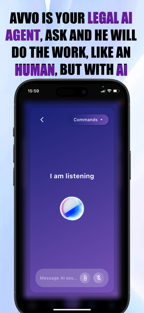 AvvoGPT - AI for Lawyers - AvvoGPT mobile app interface showing the voice-activated legal AI assistant with the text I am listening