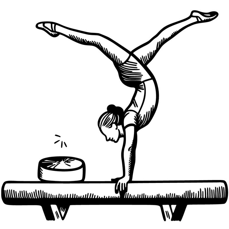 female gymnast, doing acrobatic handstand on balance beam
