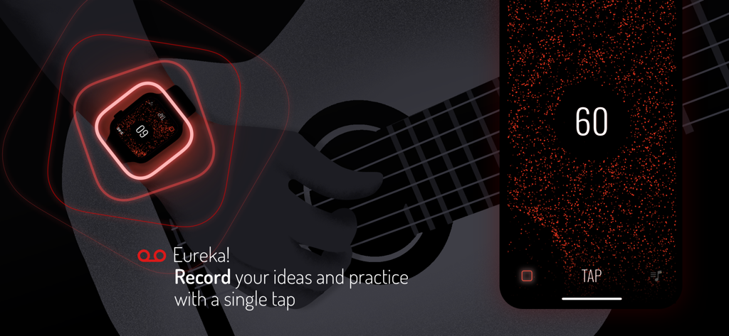 A musician playing an acoustic guitar while using the haptik metronome app on an Apple Watch to record ideas