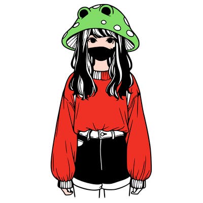 a realistic girl with a frog hat and baggy mushroom shirt