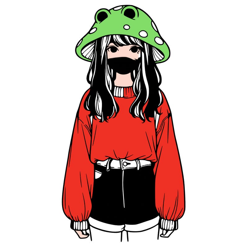 a realistic girl with a frog hat and baggy mushroom shirt