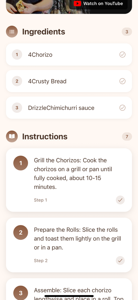 Recipe Finder: Easy Cooking - 재료 목록과 체크박스가 있는 번호 매기기 조리 지침이 있는 레시피를 보여주는 모바일 앱 화면