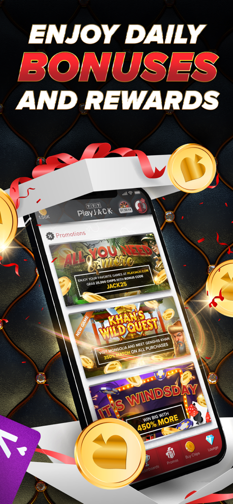 PlayJACK Slots - Schermata promozionale dell'app PlayJACK Slots che mostra bonus giornalieri e ricompense