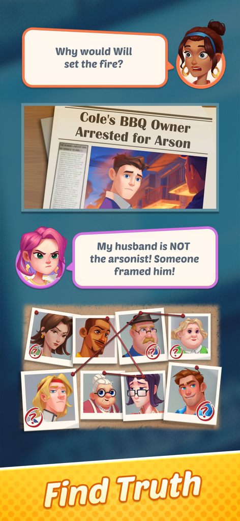 Gossip Street: Merge & Cook - A mystery investigation board with suspect photos connected by lines and character dialogue about an arson case.