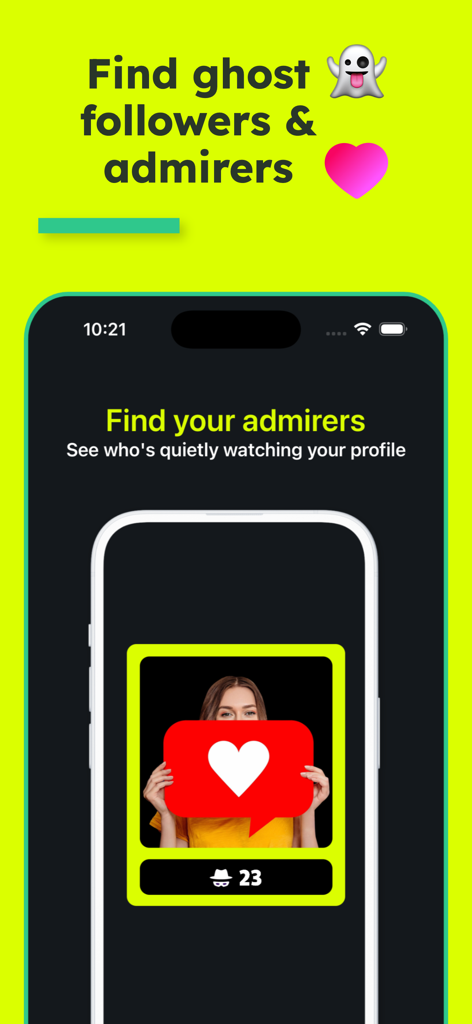 FollowerSpy Unfollower Tracker - App interface showing the feature to find silent admirers and ghost followers on Instagram.