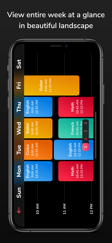 Weekly color coded student schedule in landscape view