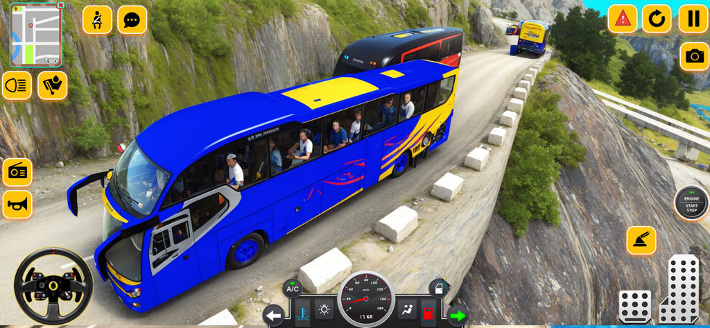 Heavy Bus Driving Hill Station - Blue bus navigating a narrow mountain cliff road with passengers in a driving simulator