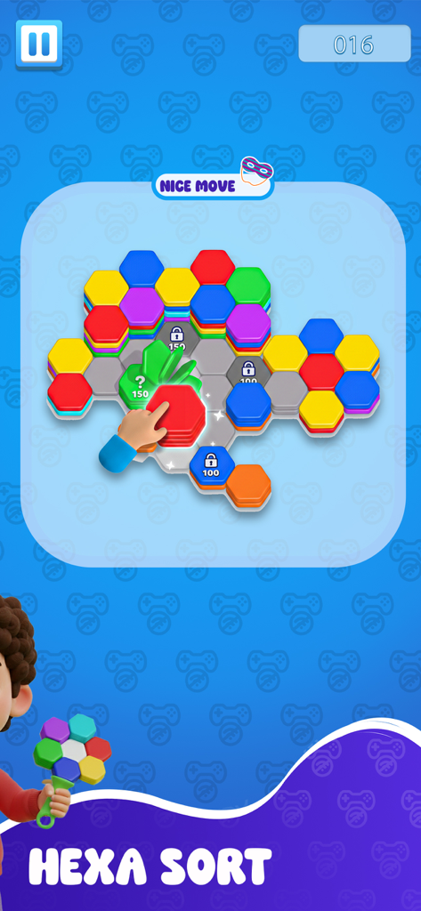 Hexa Sort puzzle gameplay with colorful hexagonal tiles being organized