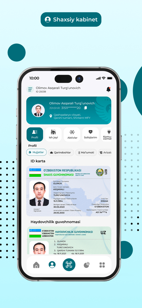 Soliq app user profile showing digital ID card and driver license for Uzbekistan