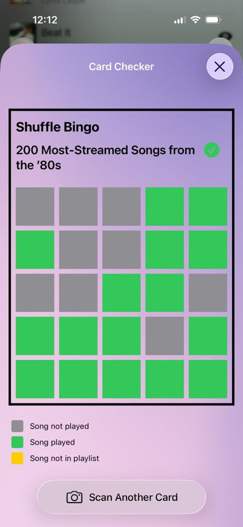 Shuffle Music Bingo - Game - Shuffle Music Bingo card checker displaying a bingo grid with songs played from an 80s playlist