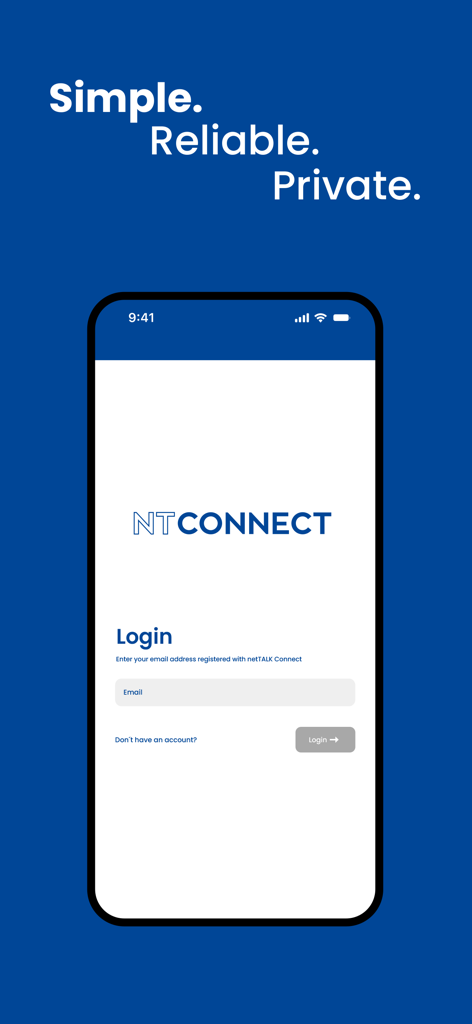 NT Connect: Calls & Messages - NT Connect app login screen with the slogan Simple Reliable Private